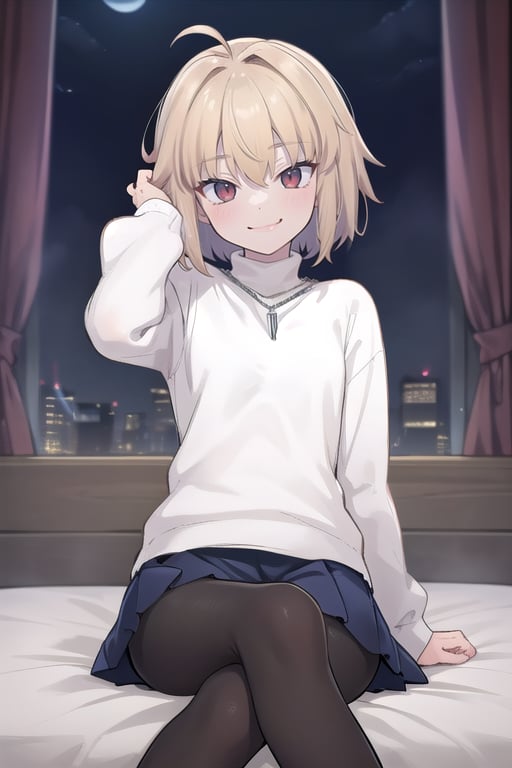 bedroom_background, high_resolution, best quality, extremely detailed, HD, 8K, 
1 girl, solo, figure_sexy, hot,, (smug_face:1.2),  (dynamic_pose:1.0), (night:1.4),  sitting_down, 1girl, solo, chain necklace\(arcueid\), black pantyhose, white long sleeves turtleneck sweater, blue pleated skirt, looking at viewer,