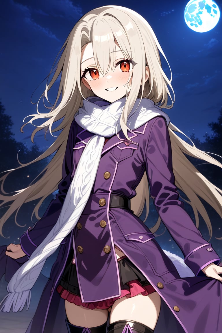 german_background, high_resolution, best quality, extremely detailed, HD, 8K, masterpiece, best quality, very aesthetic, absurdres, (newest) explicit,  illyasviel von einzbern, 1 girl,  figure_sexy, hot, (night:1.0), short_stature, small breasts, long hair, smile, bangs, red eyes, long sleeves, hair between eyes, white hair, scarf, blurry, coat,  white scarf, purple coat, sky, moon, night sky, full moon, thighhigh_boots