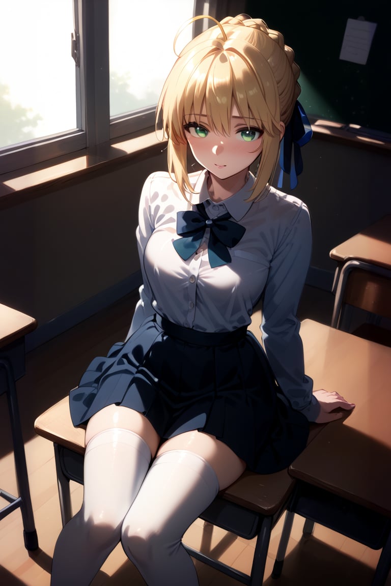 Classroom_background, high_resolution, best quality, extremely detailed, HD, 8K, masterpiece, best quality, very aesthetic, absurdres, (newest), 1 girl,  figure_sexy, hot, score_9, score_8_up, score_7_up, (daylight:1.0), window, SHuz, blonde hair, green eyes, sidelocks, braid, hair bun, ahoge, hair ribbon, (embarrased:1.0), ( dress), (school outfit), white thighhighs, chair, desk, Sit on chair,, , ArtoriaPendragon, (from above:1.2), (1 male teacher:1.4)