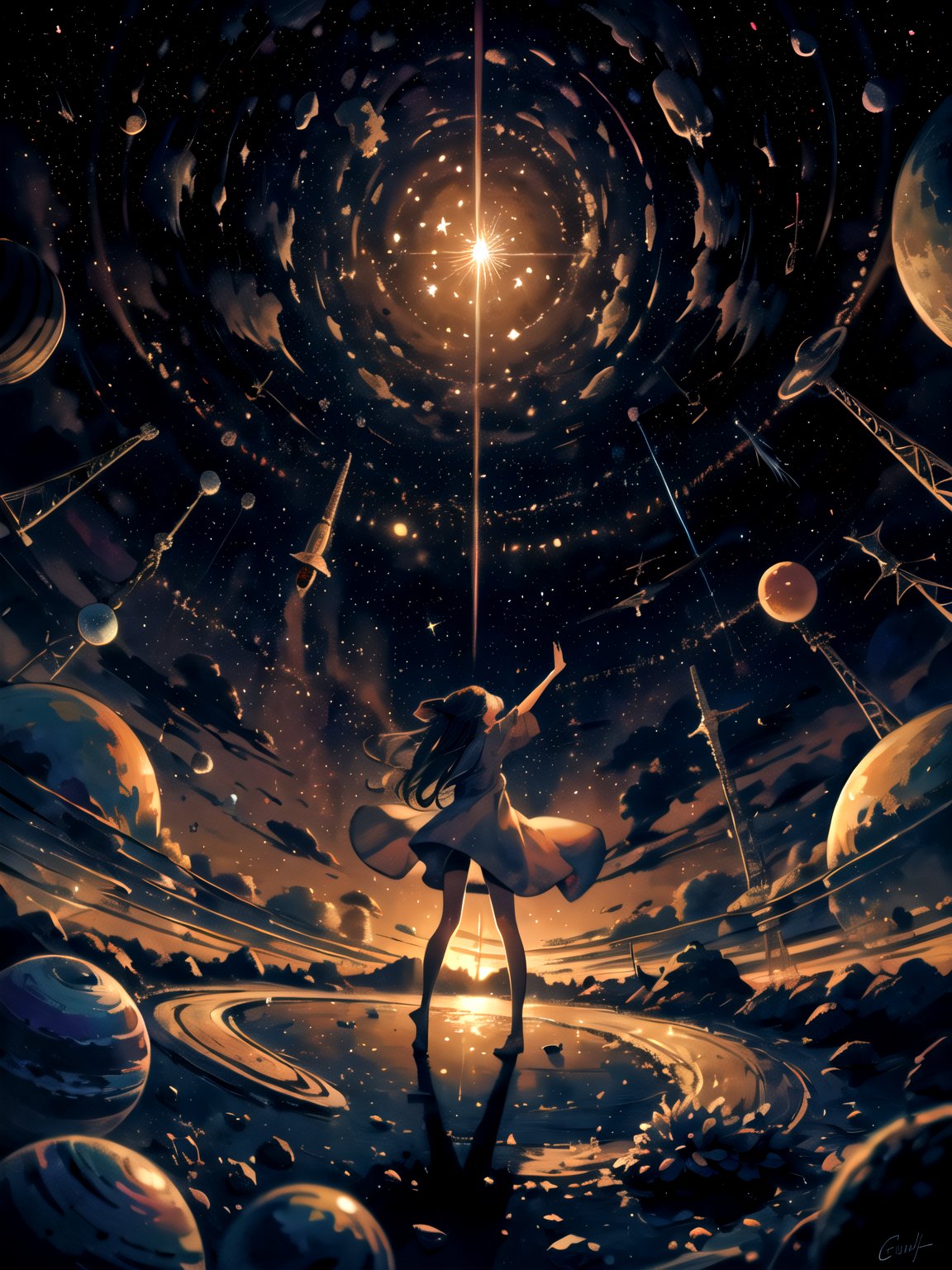 an illustration of stars, planets, and galaxies, evoking a sense of wonder and mystery about the universe.,1 girl