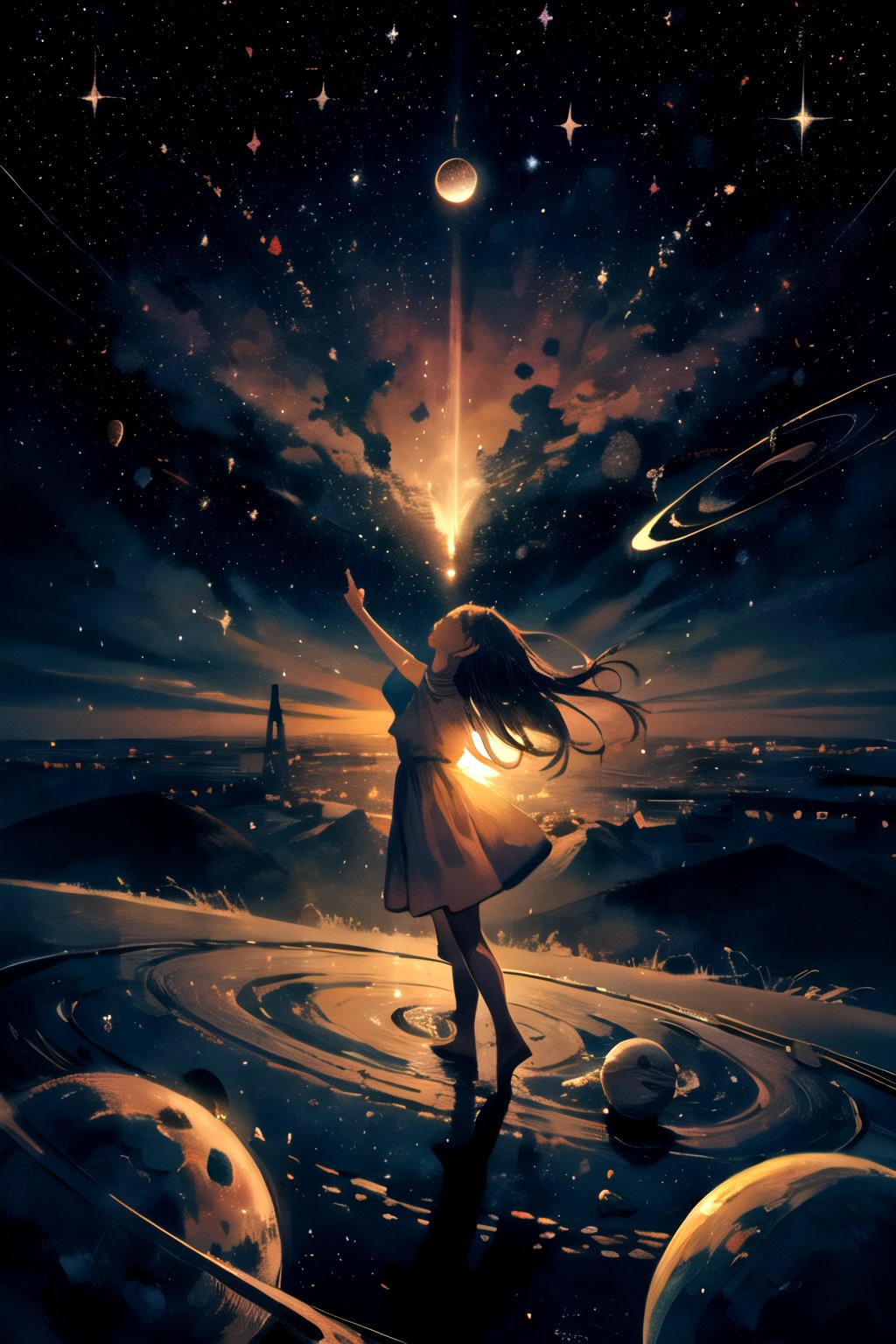 an illustration of stars, planets, and galaxies, evoking a sense of wonder and mystery about the universe.,1 girl