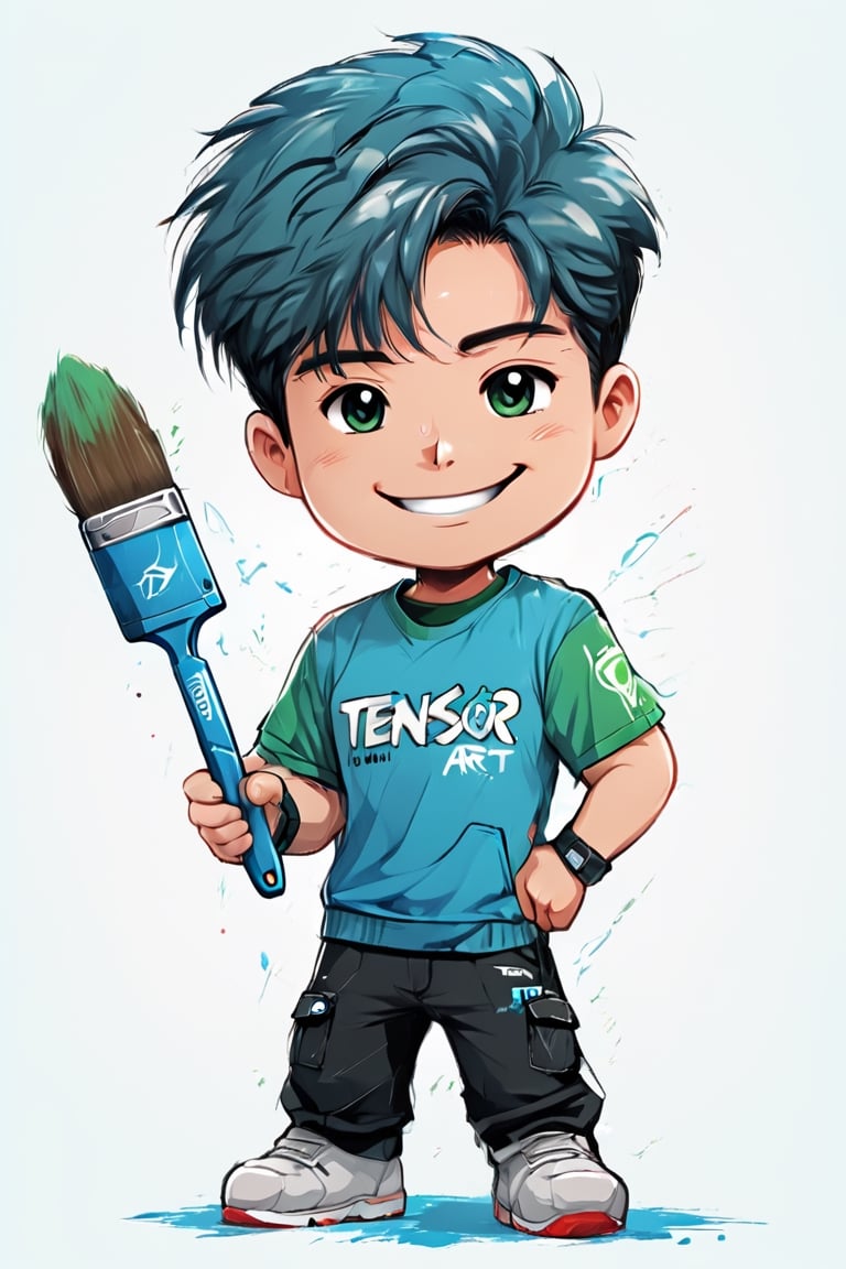 write the text TA on a mascot design for tensor art, chibi logo, smile, futuristic, main color blue with white and green, small artist's paint brush, text "TA" on the mascot, electric effect, High definition, intricate, production cinematic character render, high quality model