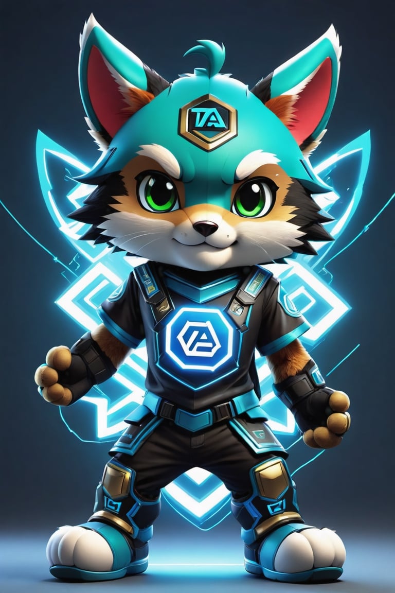 Hexatron, mascot, chibi, main color blue with green, electric effect, the mascot have the letters "TA" marked on it, High definition, Photo detailed, intricate, production cinematic character render, ultra high quality model,tshirt design