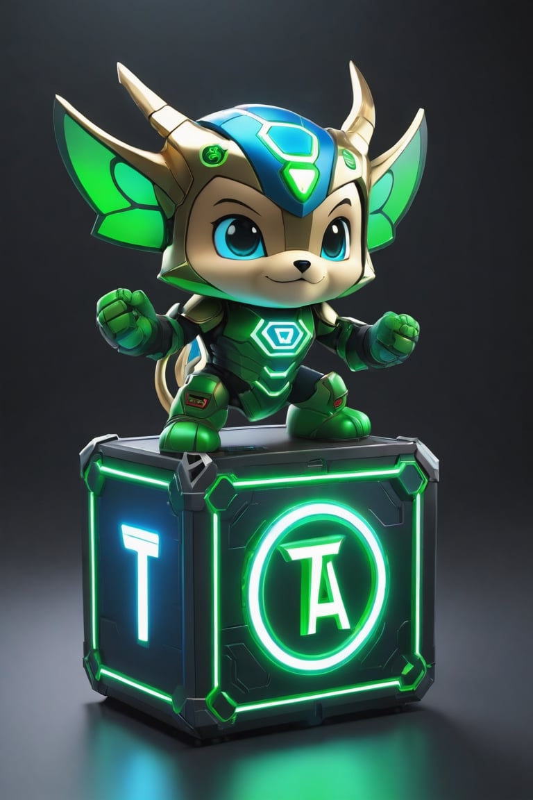 Hexatron, mascot, chibi, blue and green, electric effect, the letters "TA" marked in the mascot chest, High definition, Photo detailed, intricate, production cinematic character render, ultra high quality model,