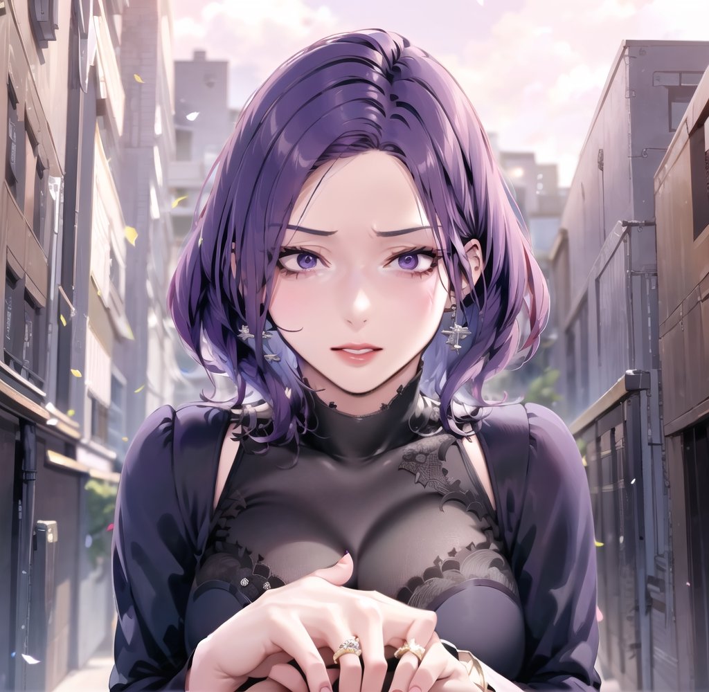 MiJungdef, purple eyes, purple hair, medium hair,  building, mature female dress 

High Quality, Masterpiece, IncrsProp, , upper body, fingernails,
,wedding ring