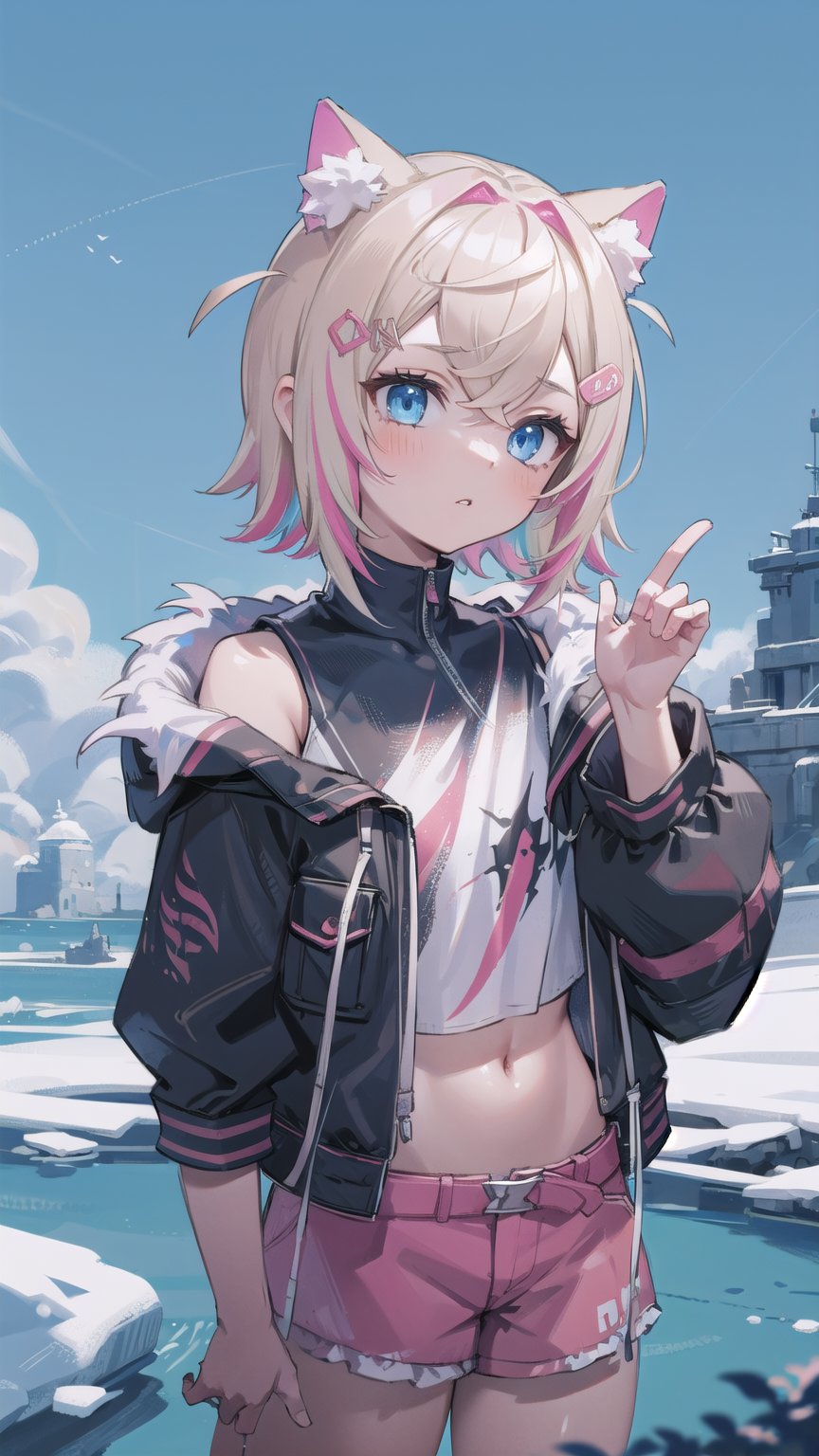 Masterpiece, high quality, ultra detailed, cinematic lighting, vibrant, richly colored, BREAK
1girl, upper body, female focus, MococoAbyssgard, anxious, parted lips, head tilt, multicolor_hair, blonde, pink highlights, jacket, crop top, shorts, BREAK beautiful serene sky,