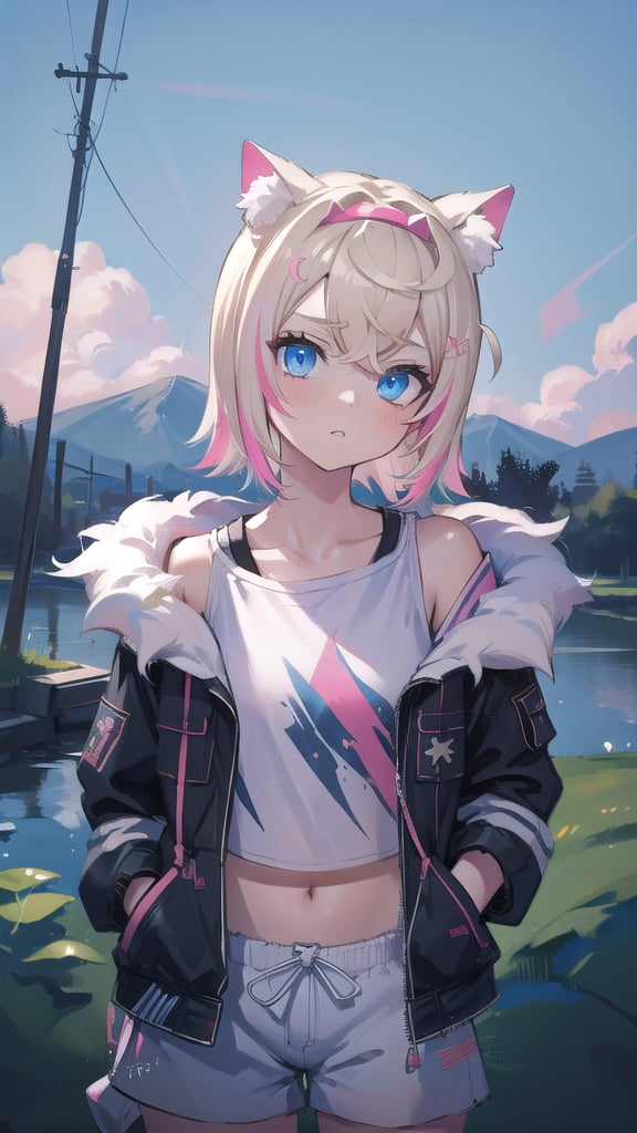 Masterpiece, high quality, ultra detailed, cinematic lighting, vibrant, richly colored, BREAK
1girl, upper body, female focus, MococoAbyssgard, anxious, parted lips, head tilt, multicolor_hair, blonde, pink highlights, jacket, crop top, shorts, BREAK beautiful serene sky,