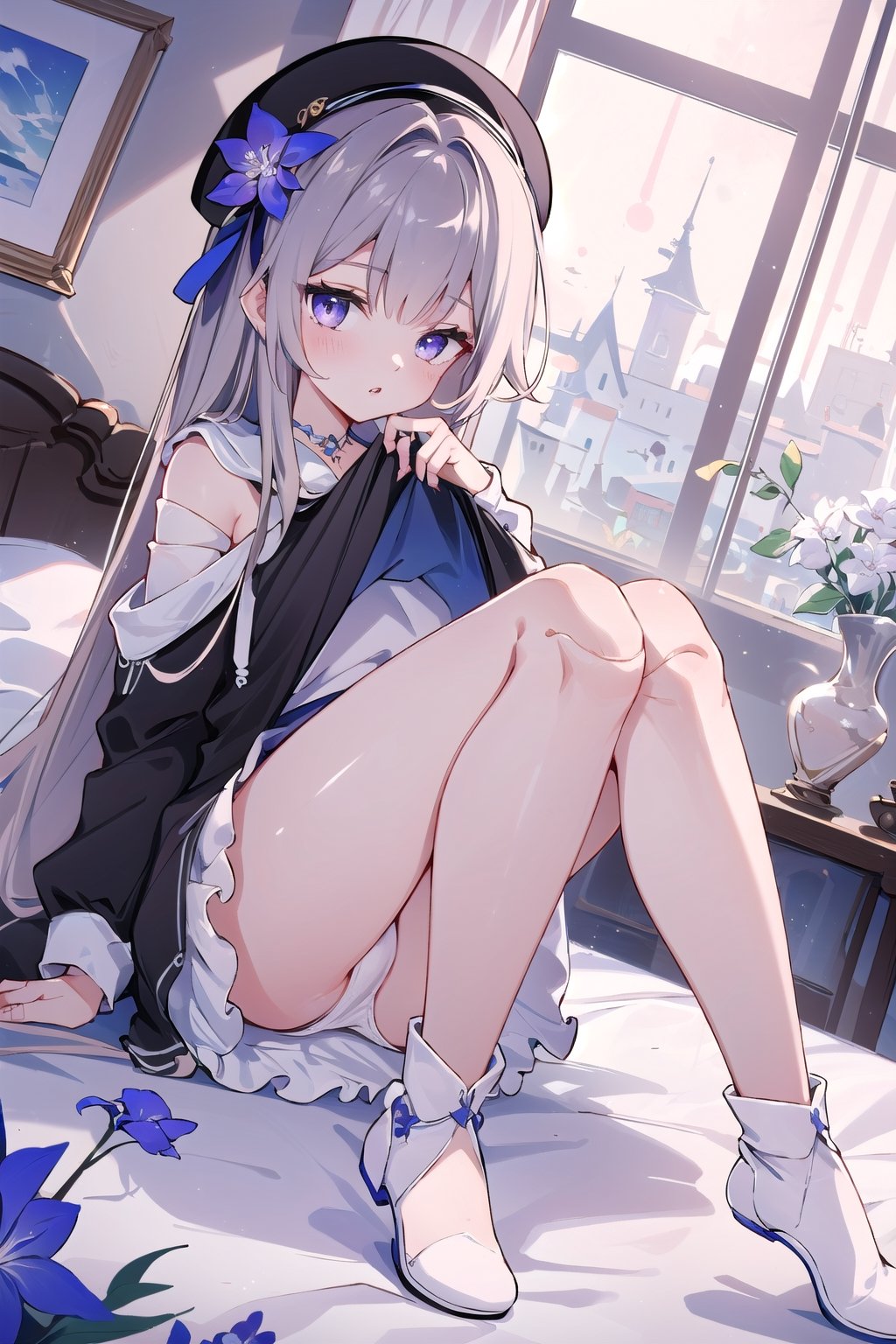 Masterpiece, intricate details, extremely detailed, natural lighting, perfect face, BREAK (slightly to the side, closeup:1.3), Dutch angle, 1girl, Herta (laying on back:1.5), on bed, (oversized hoodie:1.4), (lift knees, knees together:1.4), (miniskirt), long hair, bare_feet, (parted lips), (blushing:1.2), panty, pantyshot, hat, flower hair decoration, medium breasts, purple eyes, looking at viewer, BREAK modern room, bedroom, bed, furniture, field of view, bokeh,1 girl