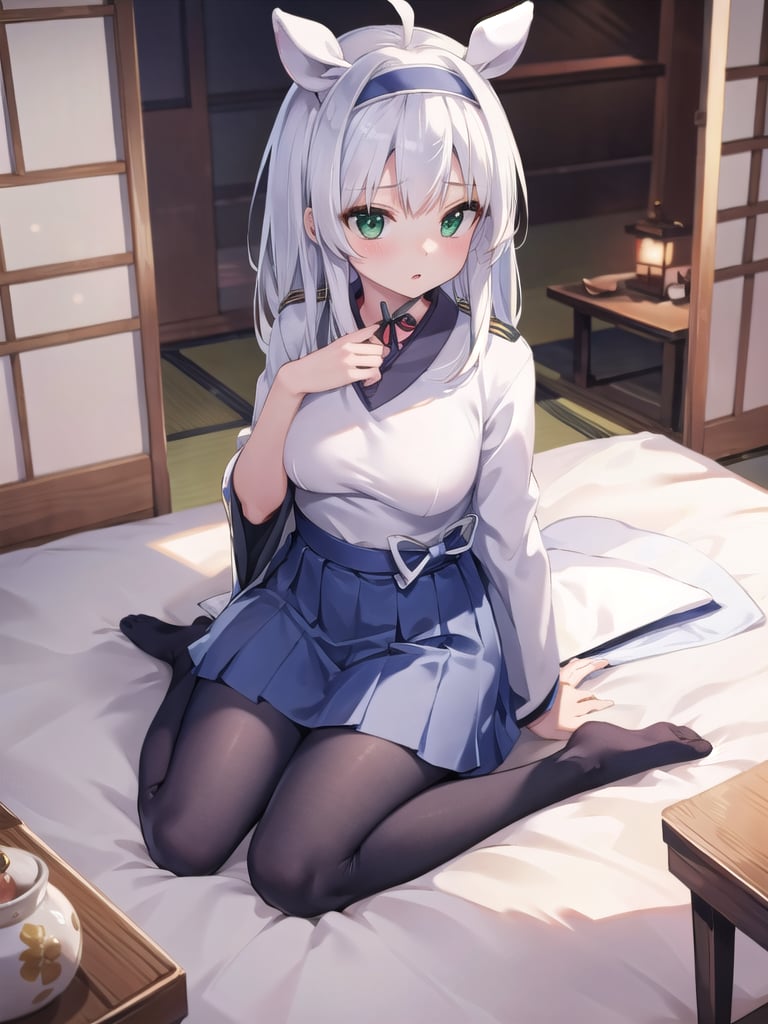 masterpiece, highres, intricate details, perfect face, perfect body proportions, perfect anatomy, cinematic lighting, 
BREAK
(from above), (full body:1.2), 1girl, sistinefibeldef, (japanese clothing:1.4), school uniform, sailors collars, (shirt), mini skirt, (pantyhose), sitting, (wariza), (parted lips), animal ears headband, fake animal ears, green eyes, mature, medium_breasts, white_hair, 
BREAK
bed,