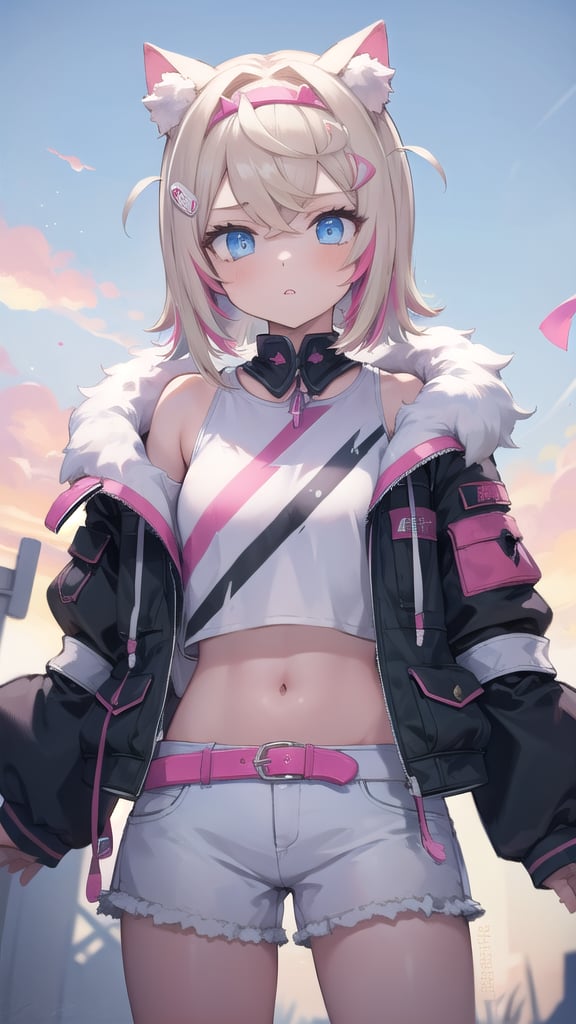 Masterpiece, high quality, ultra detailed, cinematic lighting, vibrant, richly colored, BREAK
1girl, MococoAbyssgard, anxious, parted lips, head tilt, multicolor_hair, blonde, pink highlights, jacket, crop top, shorts, BREAK beautiful serene sky,