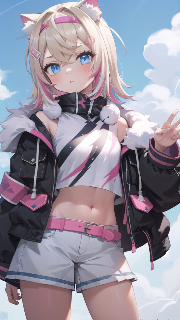 Masterpiece, high quality, ultra detailed, cinematic lighting, vibrant, richly colored, BREAK
1girl, MococoAbyssgard, anxious, parted lips, head tilt, multicolor_hair, blonde, pink highlights, jacket, crop top, shorts, BREAK beautiful serene sky,