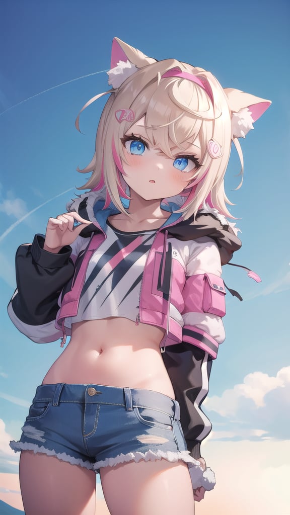 Masterpiece, high quality, ultra detailed, cinematic lighting, vibrant, richly colored, BREAK
1girl, MococoAbyssgard, anxious, parted lips, head tilt, multicolor_hair, blonde, pink highlights, jacket, crop top, shorts, BREAK beautiful serene sky,