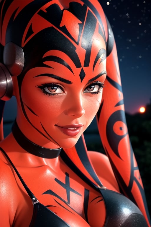 Highly detailed, High Quality, Masterpiece, beautiful, DarthTalon, , 1girl, solo, smirk, cowboy shot, night, night sky, tree, looking to the sky,DarthTalon, close up,