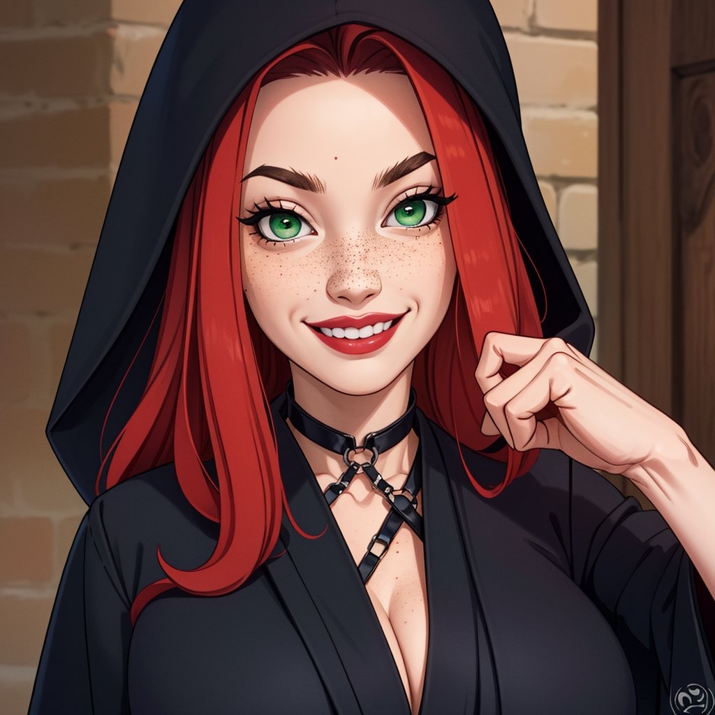 red hair, pale skin, freckles, red lips, green eyes, long hair, smile, close up, smirk, collar, tits, dungeon background, harness, tits, naked, black robes, dungeon,  hoode robes