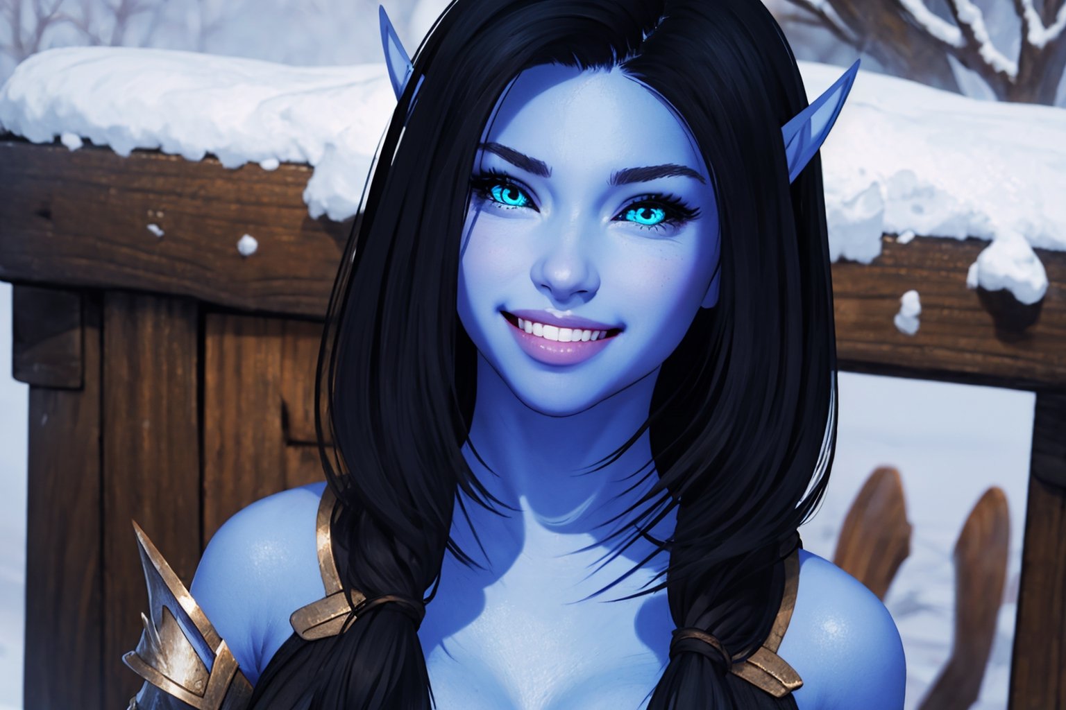 close up, smile, masterpiece, best quality,large breasts, upper body, looking at viewer,, winter background, , shocked face, blue eyes, smile, ,Aria Bal, blue skin, black hair, elf ears, skimpy armor, breasts, abs,