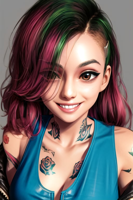 tattoos cosplay, jacket, tank top, smile, Detailedface,Detailedeyes, detail face, complex_background