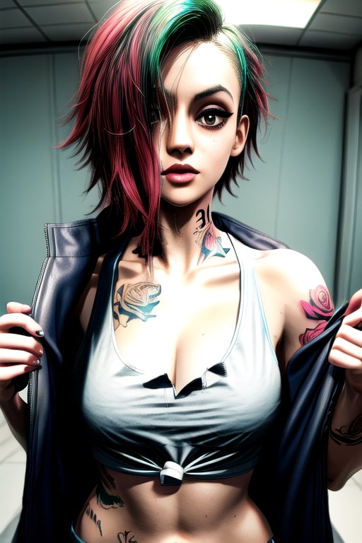 tattoos cosplay, jacket, tank top, Detailedface,Detailedeyes