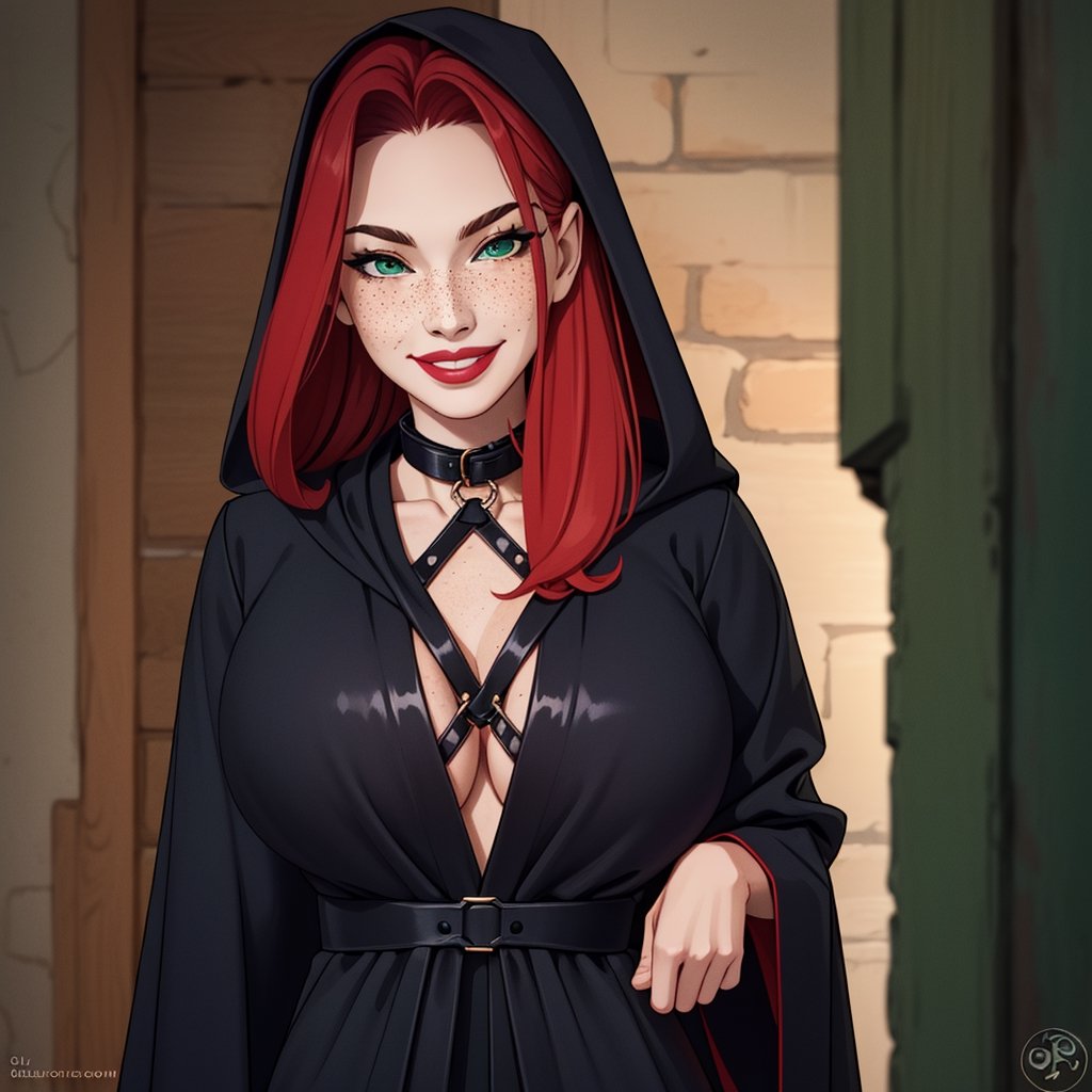 red hair, pale skin, freckles, red lips, green eyes, long hair, smile, close up, smirk, collar, tits, dungeon background, harness, tits, naked, black robes, dungeon,  hoode robes