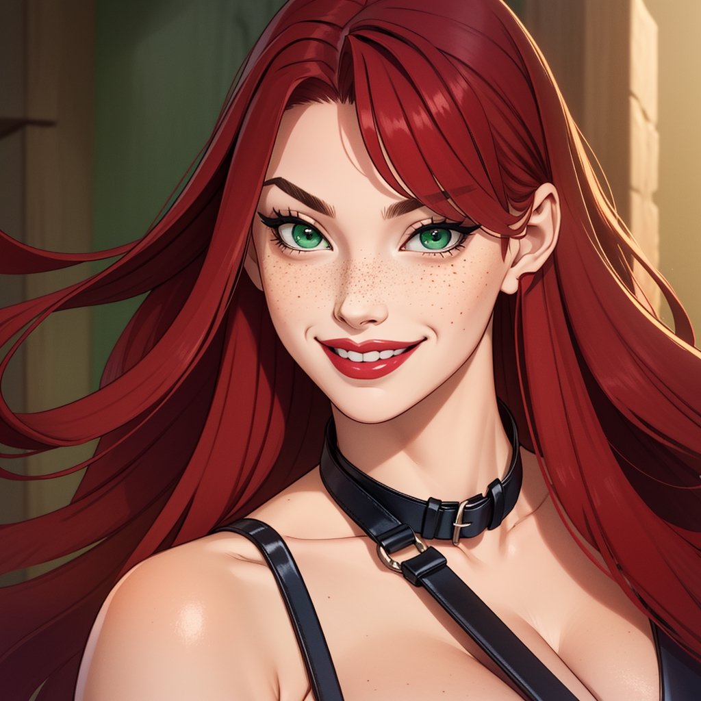 red hair, pale skin, freckles, red lips, green eyes, long hair, smile, close up, smirk, collar, tits, dungeon background, harness,