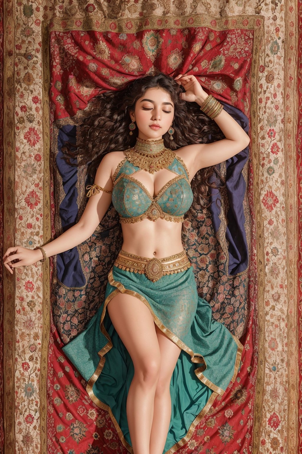 "A curly-haired girl is lying stretched out on an ancient Persian rug, surrounded by Iranian traditional handicrafts. The view from above captures the entire scene. She is adorned in entirely traditional clothing, with a particular focus on intricate details inspired by ancient Iranian art. The details of her attire are meticulously defined, and her legs are slightly gathered. Her eyes are closed, and the image quality is of the highest standard. She wears an Iranian skirt that fully covers her, revealing only a portion of her legs peeking out from under the skirt. The attire is authentically Iranian, emphasizing cultural richness and heritage.",dont wearing any naked cloth