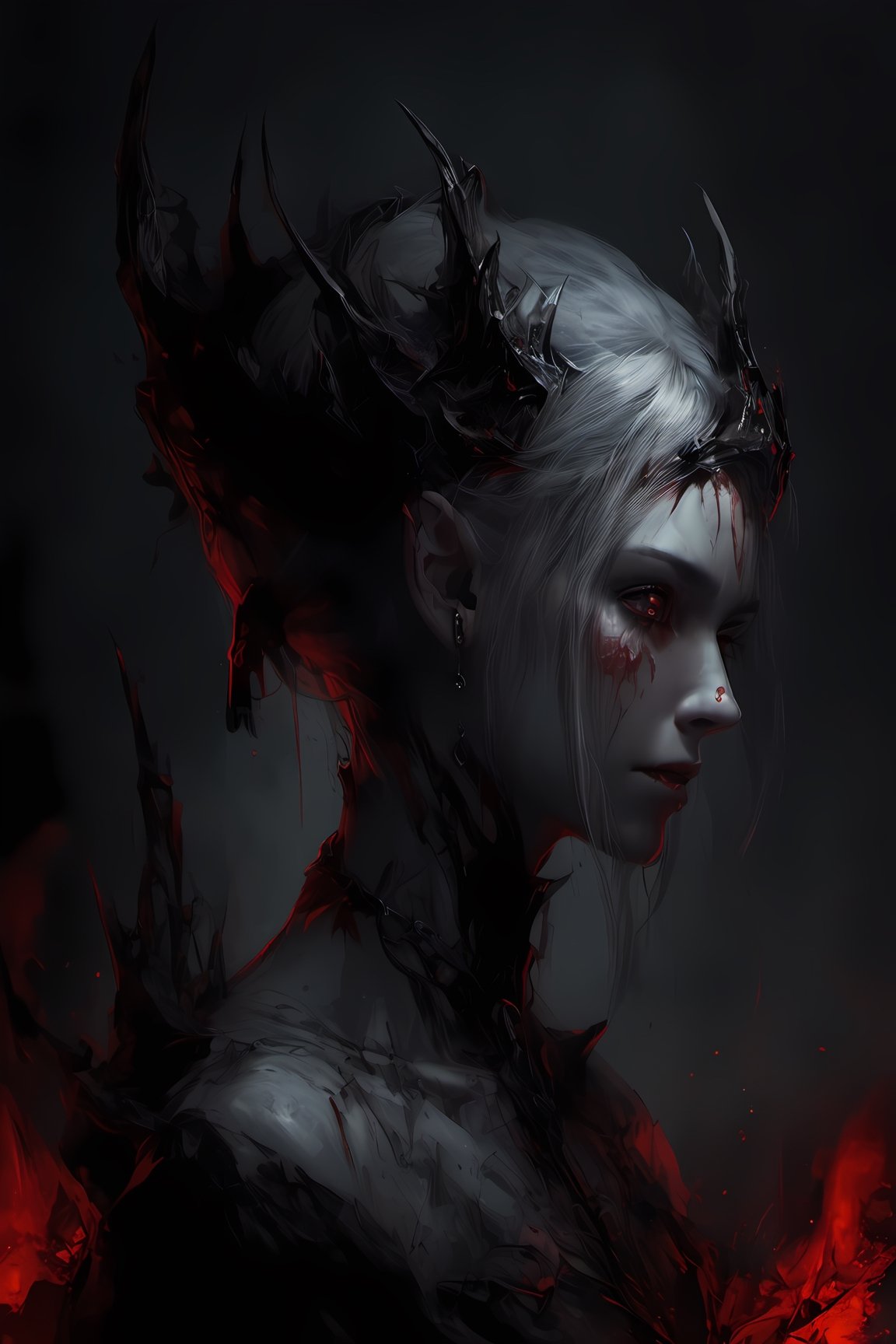 ghost girl, scary with blood, high quality, scary darkness background, CryingBlood, blood,elven_ears, elf, demonic, portrait, look back, back view