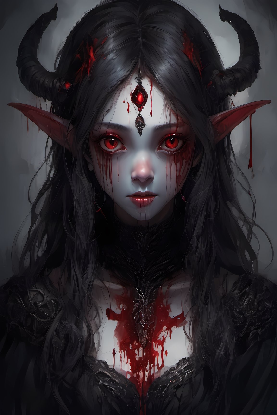 ghost girl, scary with blood, high quality, scary darkness background, CryingBlood, blood,elven_ears, elf, demonic, portrait, big_eyes