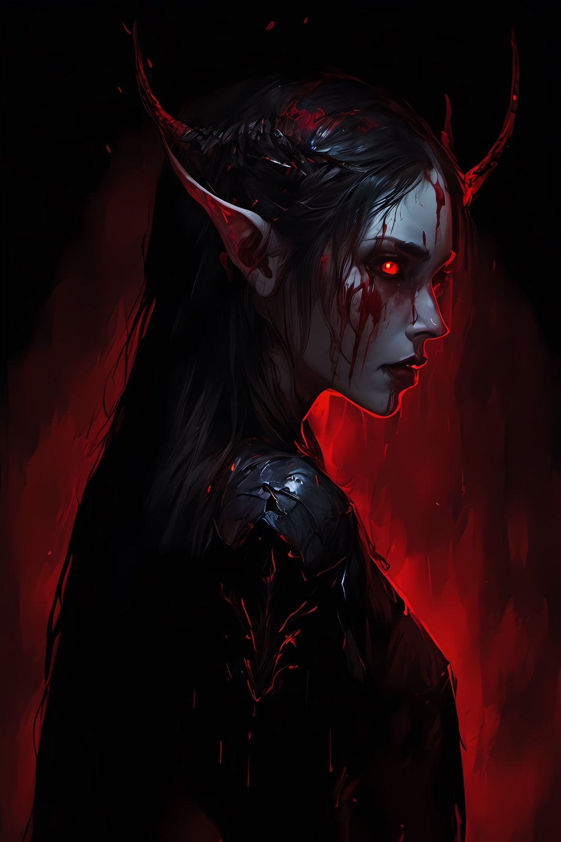 ghost girl, scary with blood, high quality, scary darkness background, CryingBlood, blood,elven_ears, elf, demonic, portrait, look back, back view