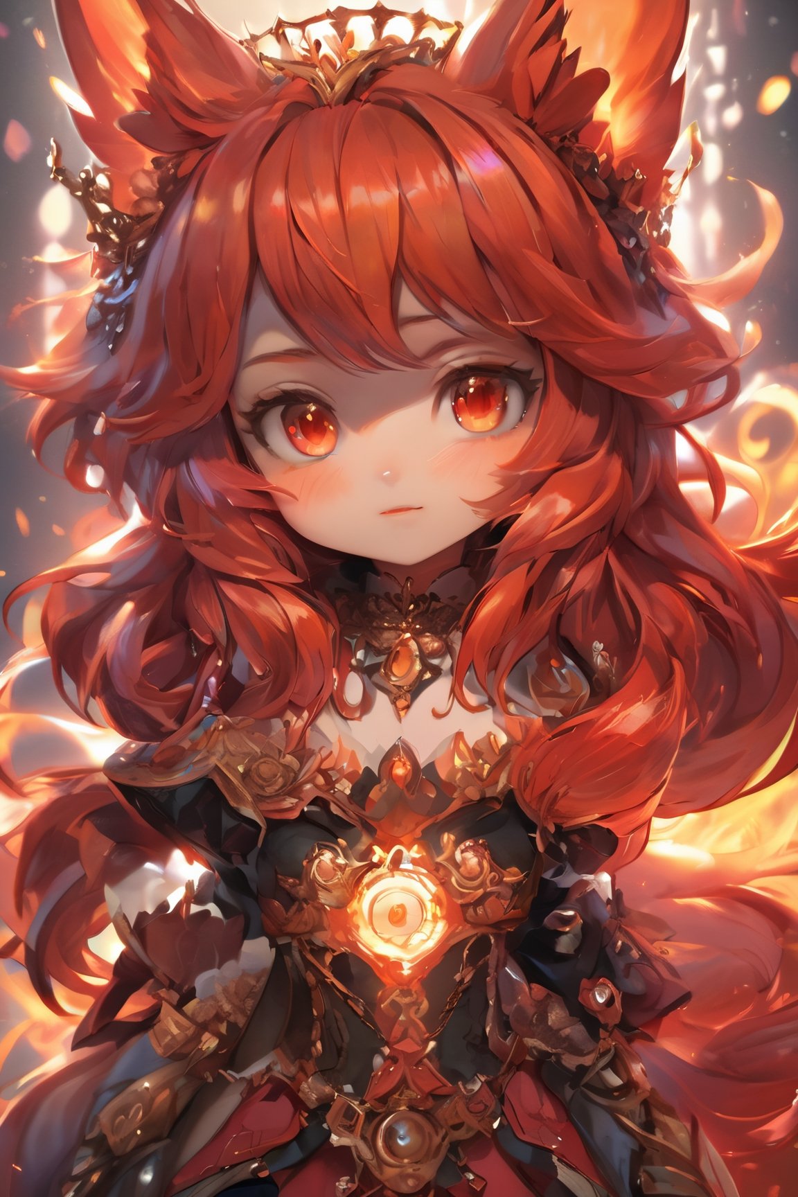 (cute chibi flame foxy, flaming veins, flaming crown), red and orange tones, (masterpiece, best quality, ultra-detailed, best shadow), (detailed background, fantasy), princess cloth, (beautiful detailed face), high contrast, (best illumination, an extremely delicate and beautiful), ((cinematic light)), colorful, hyper detail, dramatic light, intricate details, (1 chibi girl, 20 year old, solo, red hair, sharp face, amber eyes, hair between eyes,dynamic angle), blood splatter, swirling black light around the character, depth of field, light particles,(broken glass),magic circle, (full body), Spirit Fox Pendant