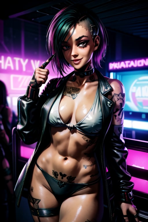  tattoos, sexy tattoos, party, club, cyberpunk, 2077,   smiling, happy, choker, black suit, 