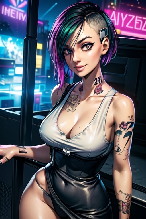 zoomed on face, roof top,, party, outside, pool, Strip club, pole dancing, neon lights, cyberpunk, sexy dress, see though dress, cut out dress, breasts, tattoos, sexy tattoos, party, club, cyberpunk, 2077, cell phone, flying cars, future car, future, smiling, happy, choker, collar, bdsm collar, 