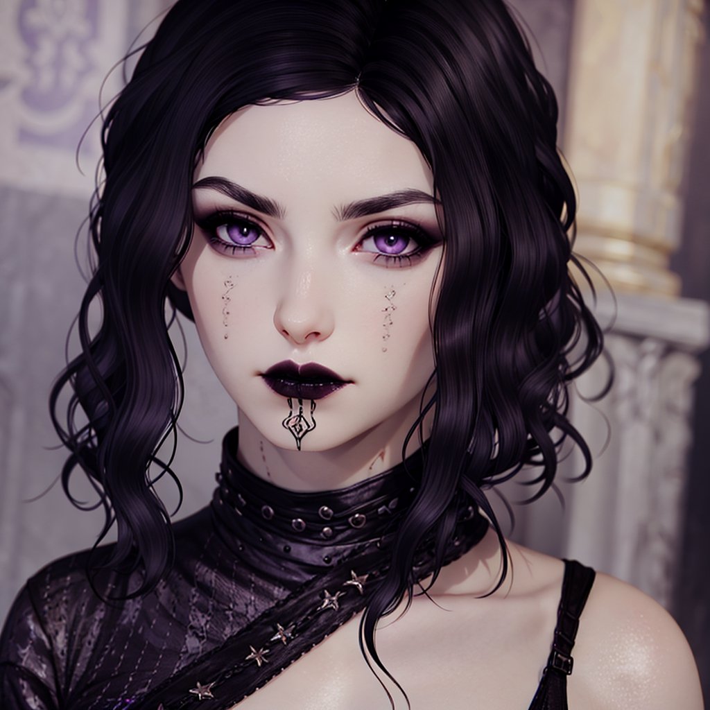 close up, black hair, pale skin, purple eyes, goth, 