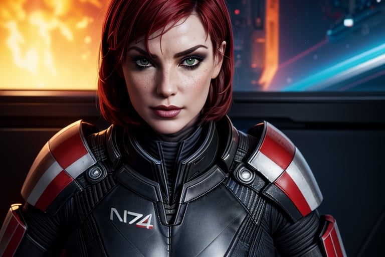 1 girl, sexy, combat armor, sselife, N7, future, mirrow, smirk,Jane,Shepard, militrary pose, badass, space, sexy, close up