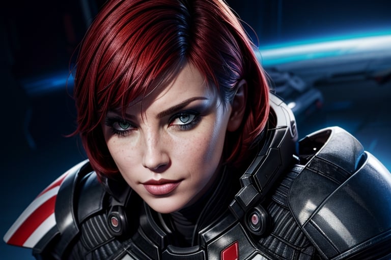 1 girl, sexy, combat armor, sselife, N7, future, mirrow, smirk,Jane,Shepard, militrary pose, badass, space, sexy, close up