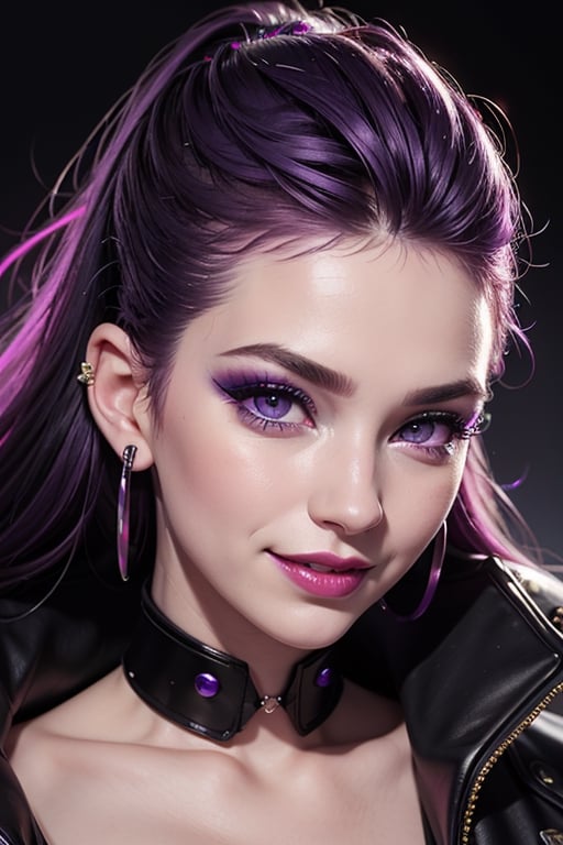 close up, face shot, smile, purple and black jacket, neon light metal collar, 1 girl, , red lips, half shaved head, ear piercings, heavy make-up with  naked, breasts,photo of perfecteyes eyes