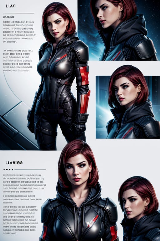 1 girl, sexy, combat armor, sselife, N7, future, mirrow, smirk,Jane,Shepard, militrary pose, badass, space, sexy, comic strip, comic page, Black hoodied, N7 Hoodie, 6 comic panels,