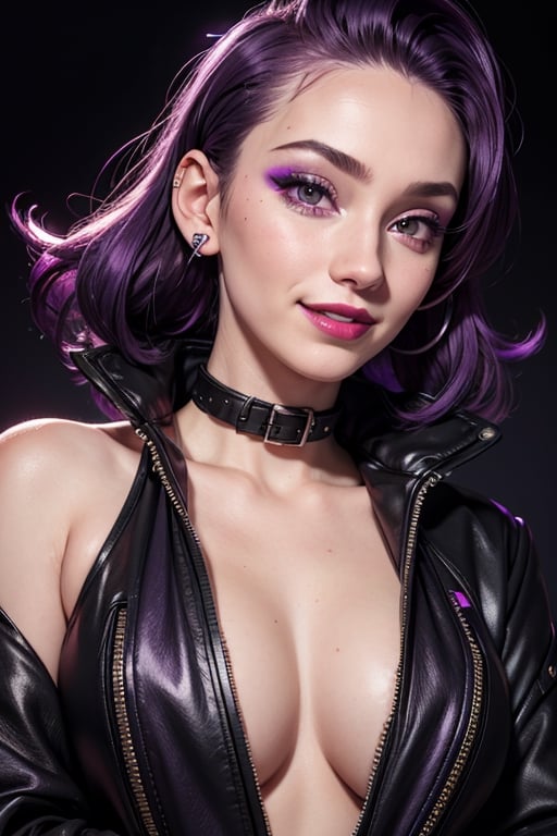close up, face shot, smile, purple and black jacket, neon light metal collar, 1 girl, , red lips, half shaved head, ear piercings, heavy make-up with  naked, breasts