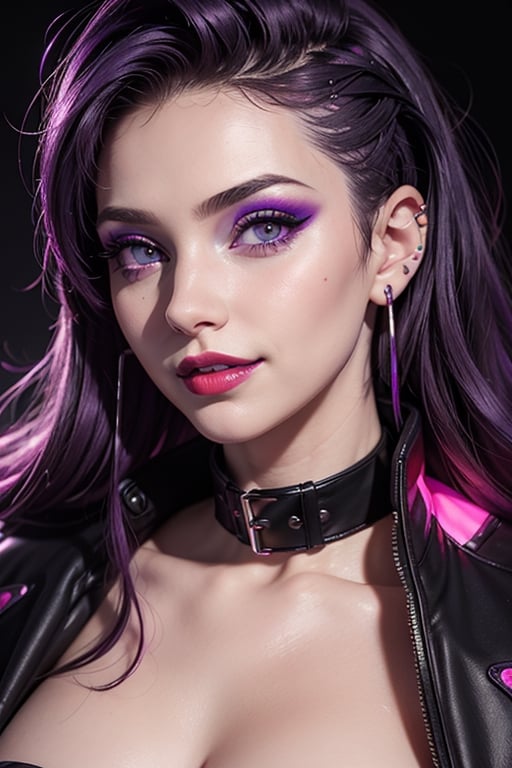 close up, face shot, smile, purple and black jacket, neon light metal collar, 1 girl, , red lips, half shaved head, ear piercings, heavy make-up with  naked, breasts,photo of perfecteyes eyes