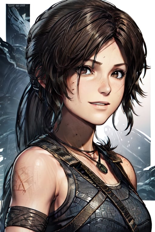 art, tomb raider, pony tail, smile, tomb raider ,game cover, comic, cover art, outfit, close up, eyes,line anime