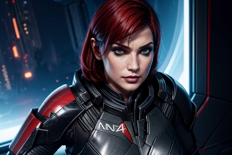 1 girl, sexy, combat armor, sselife, N7, future, mirrow, smirk,Jane,Shepard, militrary pose, badass, space, sexy, c