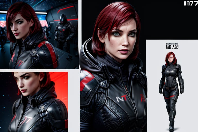 1 girl, sexy, combat armor, sselife, N7, future, mirrow, smirk,Jane,Shepard, militrary pose, badass, space, sexy, comic strip, comic page, Black hoodied, N7 Hoodie, 6 comic panels,