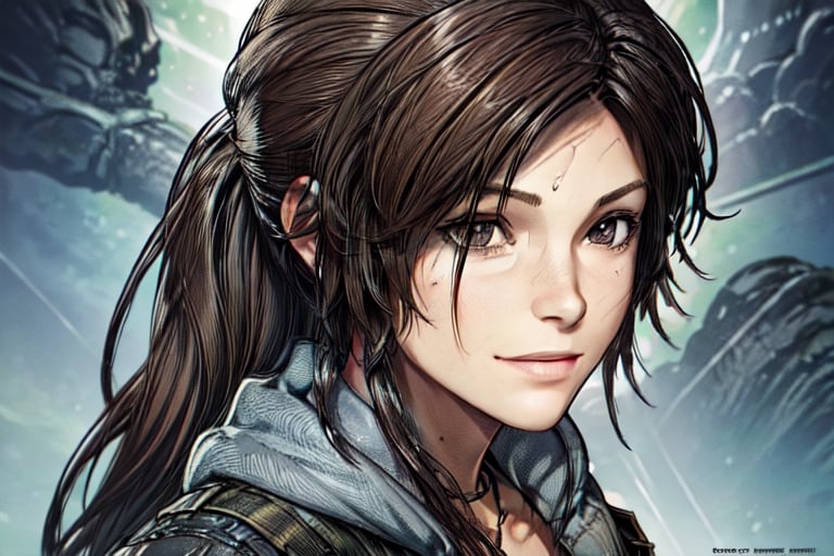 art, tomb raider, pony tail, smile, tomb raider ,game cover, comic, cover art, outfit, close up, eyes,line anime