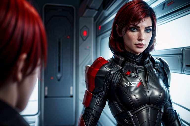 1 girl, sexy, combat armor, sselife, N7, future, mirrow, smirk,Jane,Shepard, militrary pose, badass, space, sexy, c