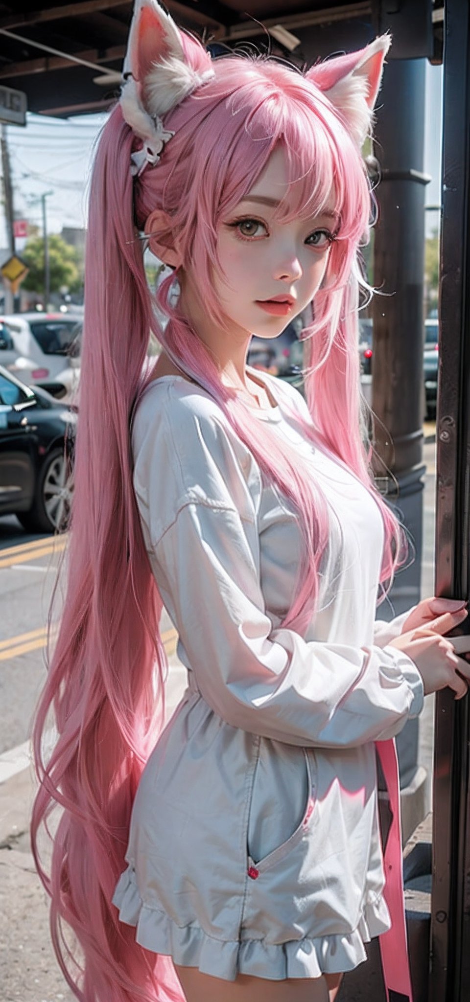 anime character with very long pink twin tails hair, pink and white fox mask, innocent yet powerful