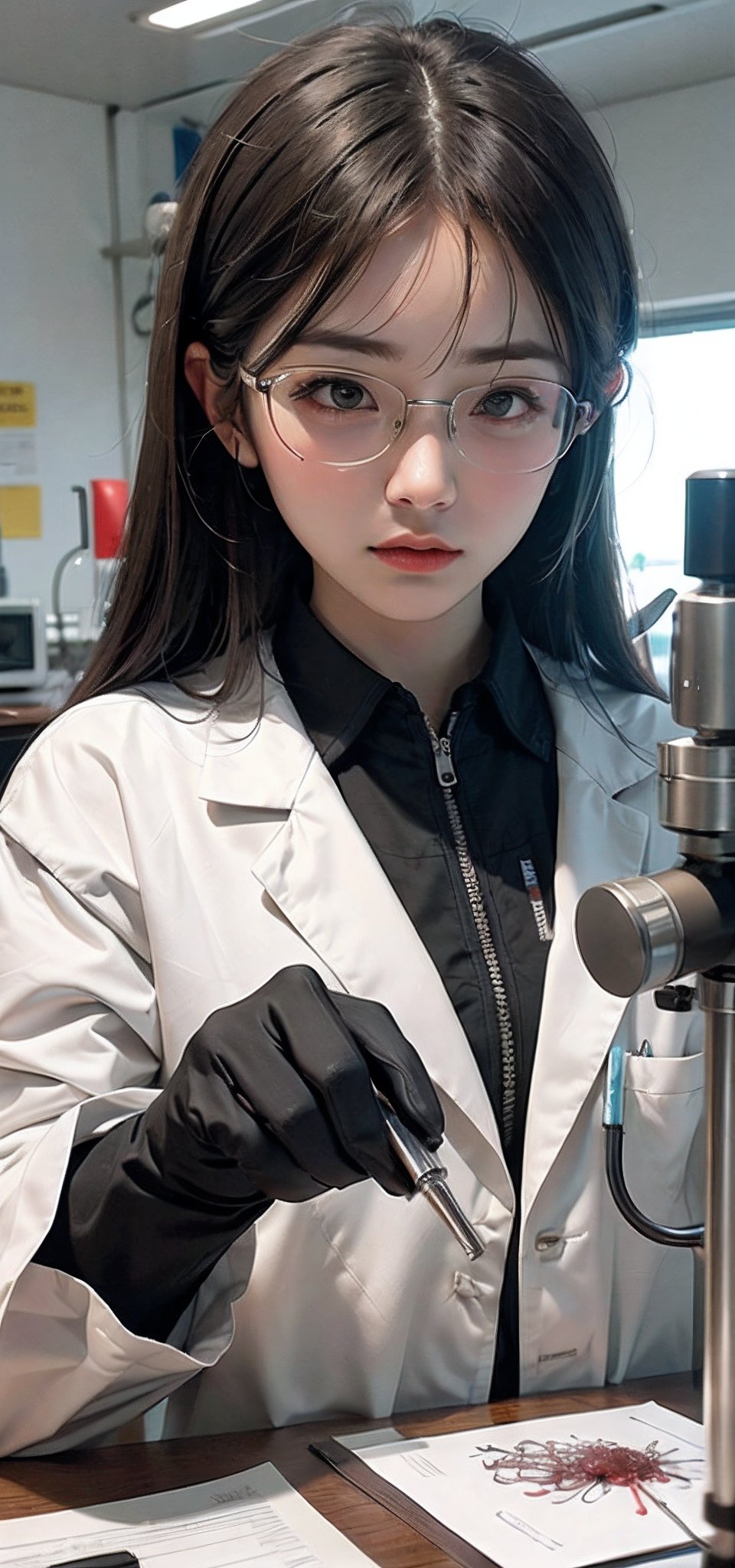 scientist woman gaze intensely through microscope, serious expression, lab coat, studying cell sample, focused on research