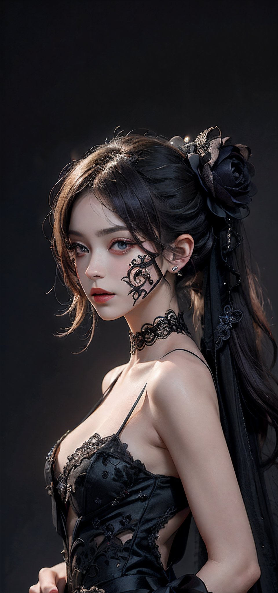 dark portrait of woman in masquerade ball gown, black lace mask, intricate updo hairstyle, alluring look