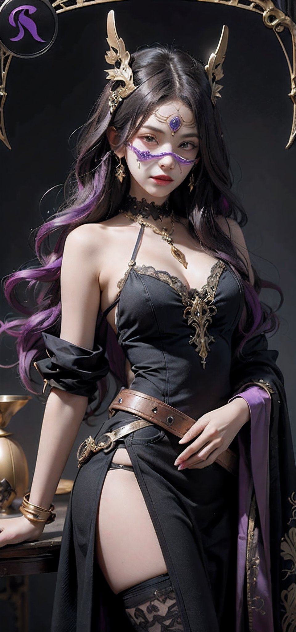 mystical fortune teller peers through ornate mask, wavy dark hair with purple streaks, card reading, mystical atmosphere