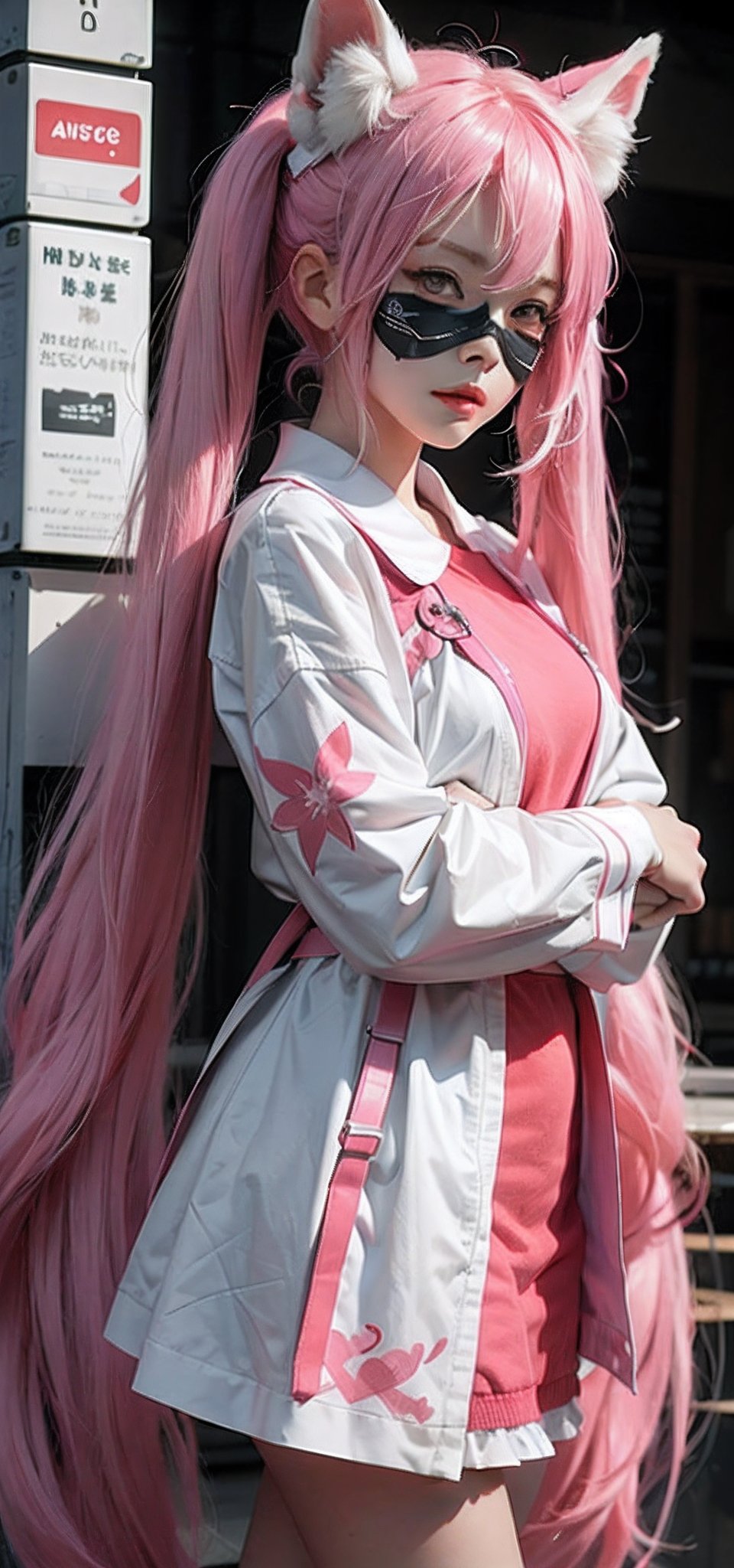 anime character with very long pink twin tails hair, pink and white fox mask, innocent yet powerful