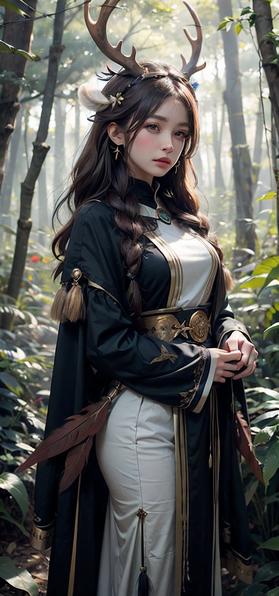 mystical druid priestess in forest, waist-length brown hair adorned with leaves and feathers, antler headdress, wise eyes, connection to nature