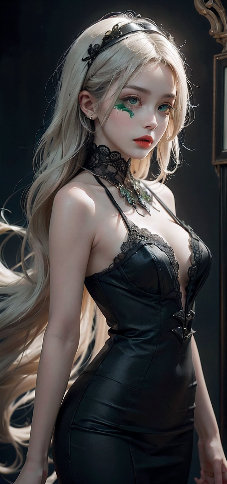 striking portrait of ethereal woman with extremely long platinum hair, pale flawless skin, ornate black lace mask, intense green eyes, red lips, glowing in dark setting, elegant and mysterious