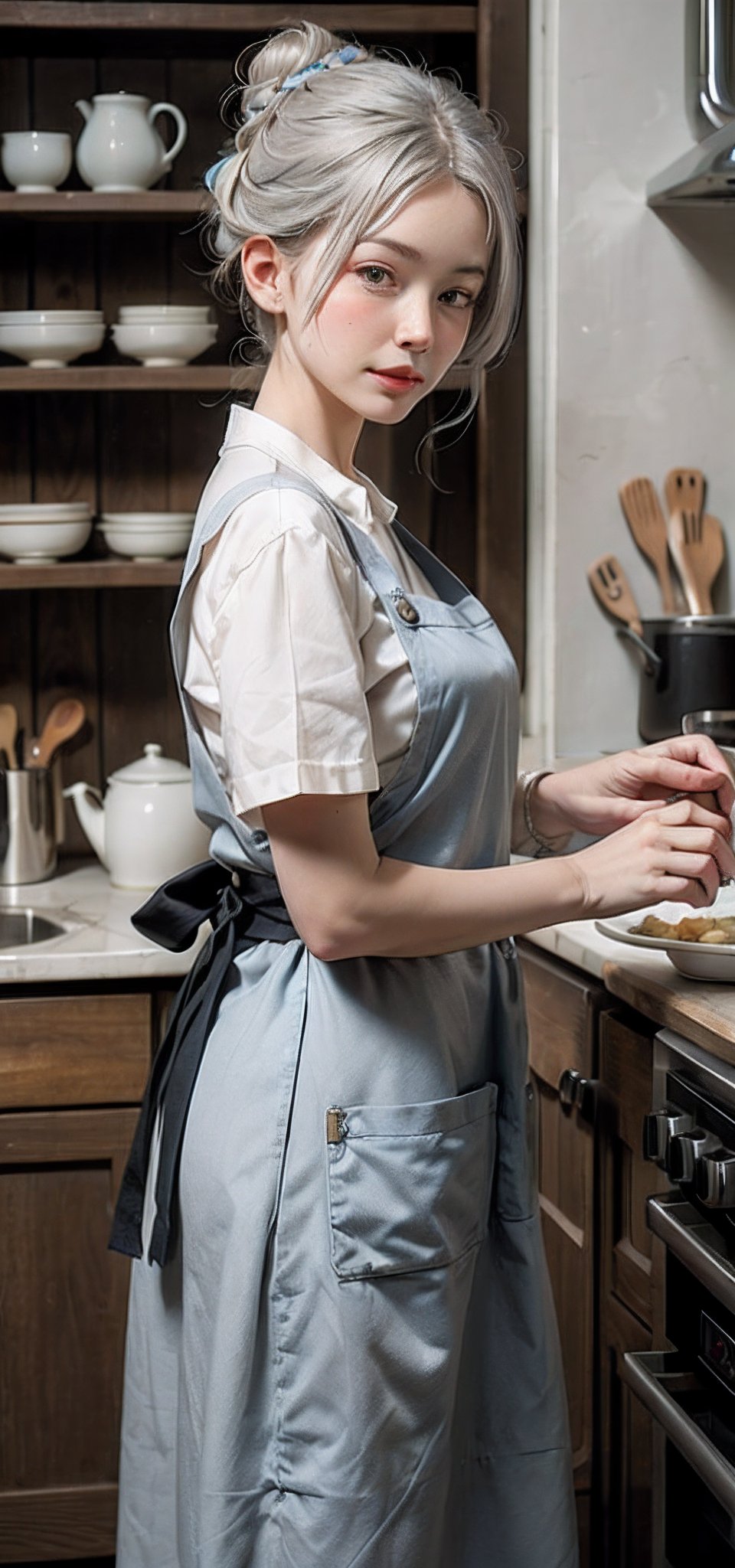 elderly grandmother baking in cottage kitchen, silver hair in bun, wrinkled skin, floral apron, nostalgic atmosphere